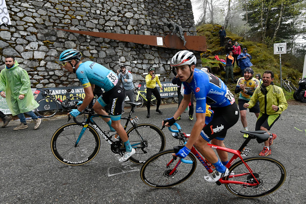 Hirt e Giulio Ciccone sul Mortirolo di fronte alla stele dedicata a Marco Pantani